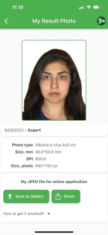 7ID-sovellus: Albania Visa Photo -näyte