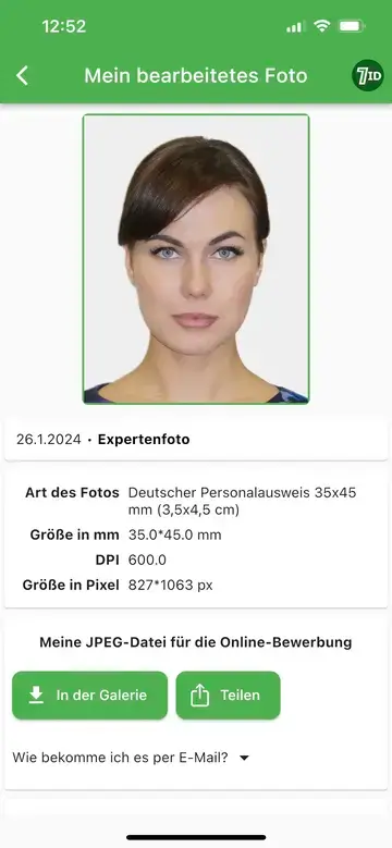 Aplikacija 7ID: Primjer fotografije za njemačku putovnicu