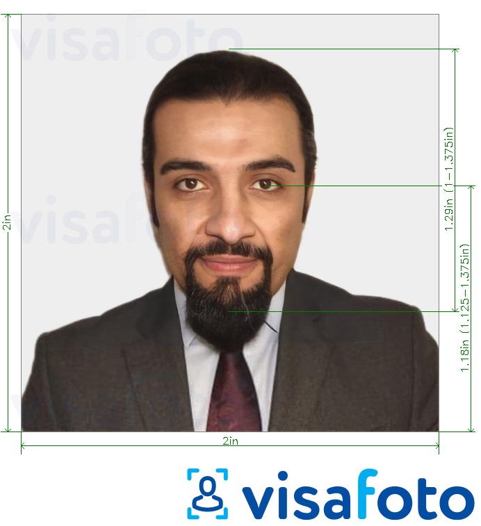 ຕົວຢ່າງຮູບພາບສໍາລັບ Saudi Arabia visa 2x2 inches (51x51 mm) ພ້ອມມີຂໍ້ກໍານົດຂະໜາດທີ່ແນ່ນອນ